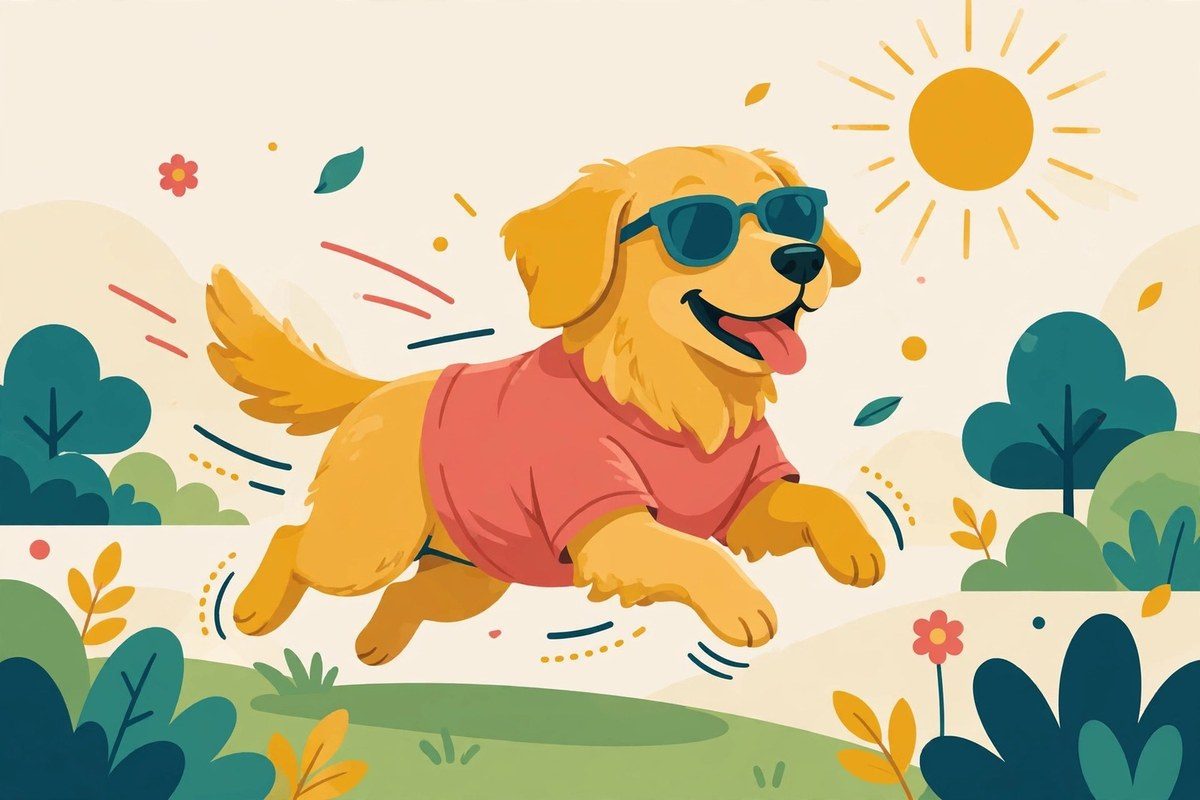 Happy golden retriever running in the sun